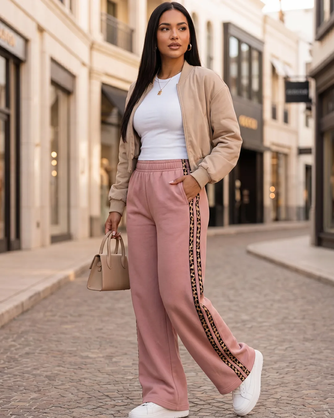 Mujer con el Jogger Animal Print palo de rosa y tenis, en la calle